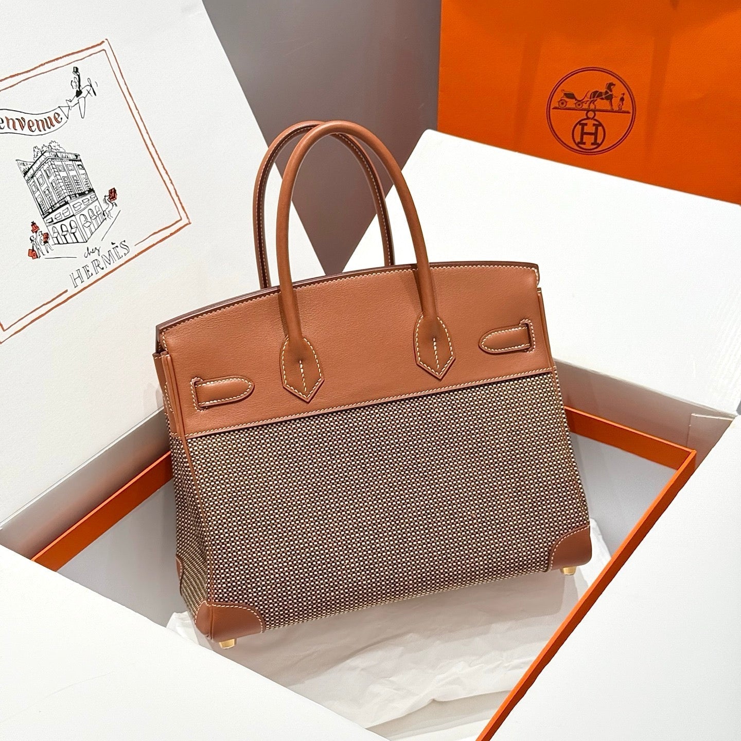 HM Birkin 30cm Gold Swift Leather Brown Canvas Gold Hardware