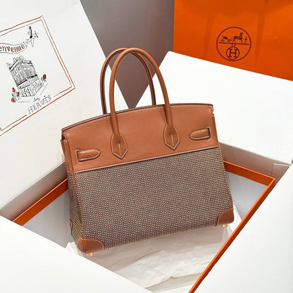 HM Birkin 30cm Gold Swift Leather Brown Canvas Gold Hardware