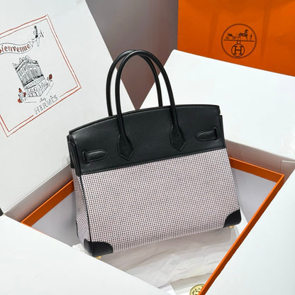 HM Birkin 30cm Black Swift Leather Pink Canvas Gold Hardware