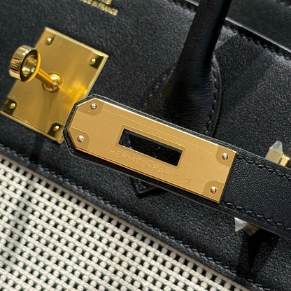 HM Birkin 30cm Black Swift Leather Dark Grey Canvas Gold Hardware