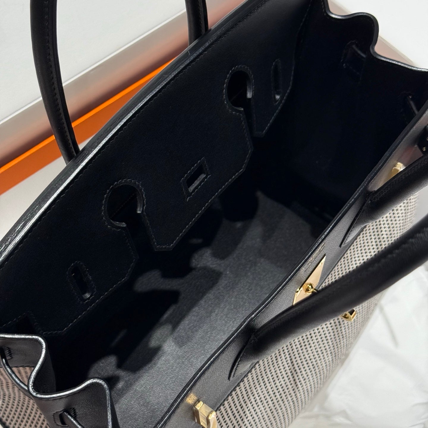HM Birkin 30cm Black Swift Leather Dark Grey Canvas Gold Hardware