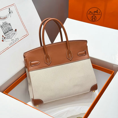 HM Birkin 30cm Gold Swift Leather Grey Horse Canvas Gold Hardware