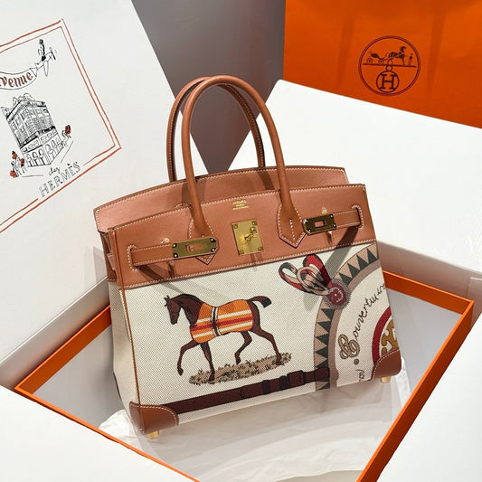 HM Birkin 30cm Gold Swift Leather Grey Horse Canvas Gold Hardware