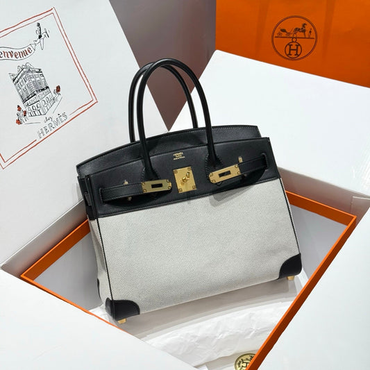 HM Birkin 30 Black Swift Leather Grey Canvas Gold Hardware
