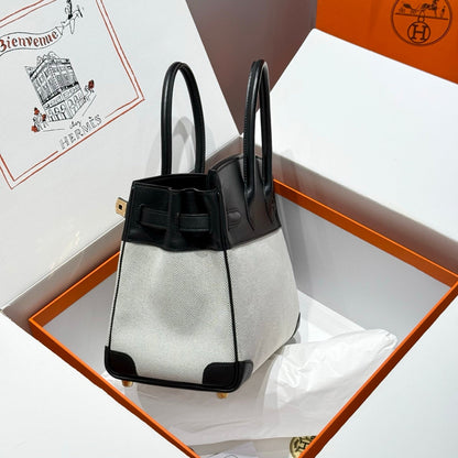 HM Birkin 30 Black Swift Leather Grey Canvas Gold Hardware