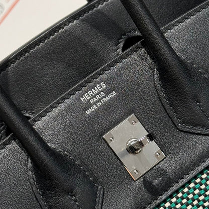 HM Birkin 25cm Black Swift Green White Canvas Silver Hardware