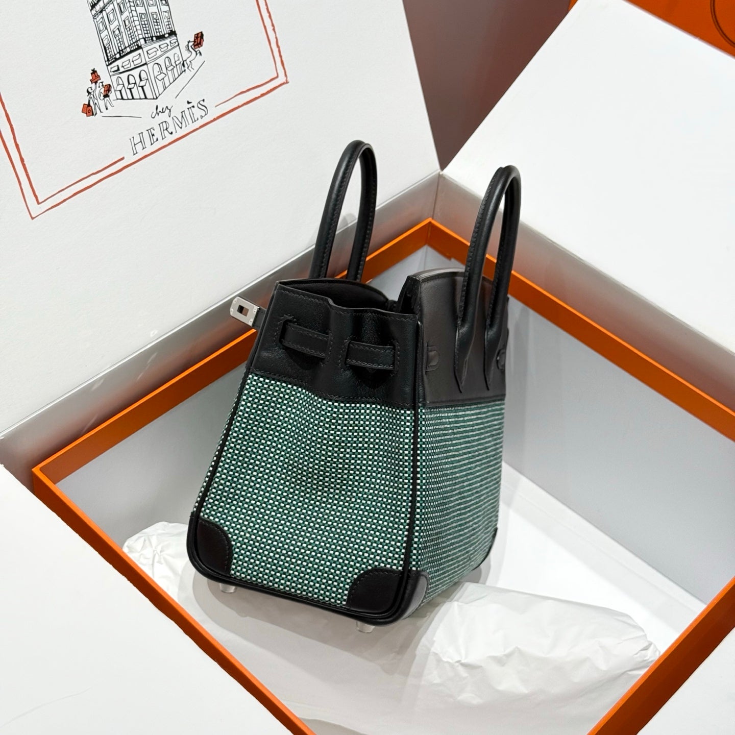 HM Birkin 25cm Black Swift Green White Canvas Silver Hardware