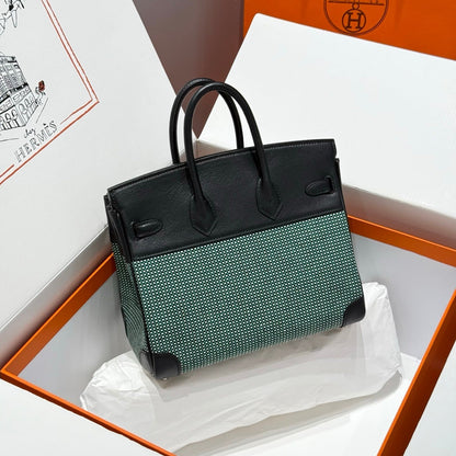 HM Birkin 25cm Black Swift Green White Canvas Silver Hardware