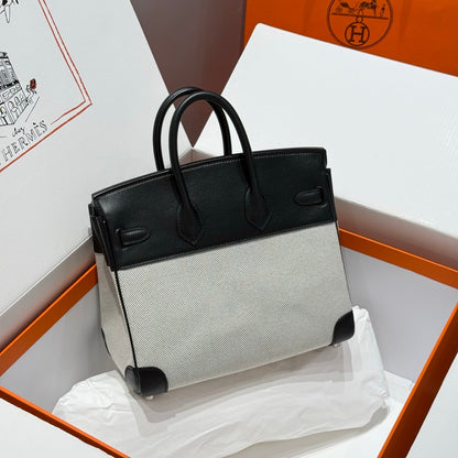 HM Birkin 25cm Black Swift Dark Grey Canvas Silver Hardware