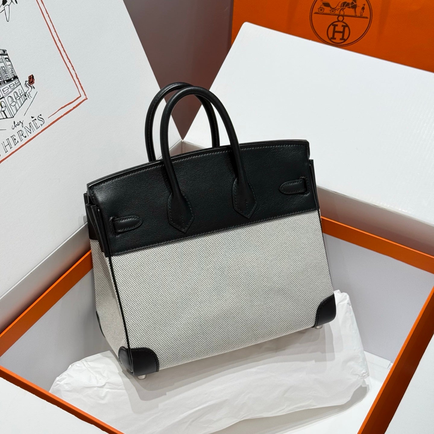 HM Birkin 25cm Black Swift Grey Canvas Silver Hardware