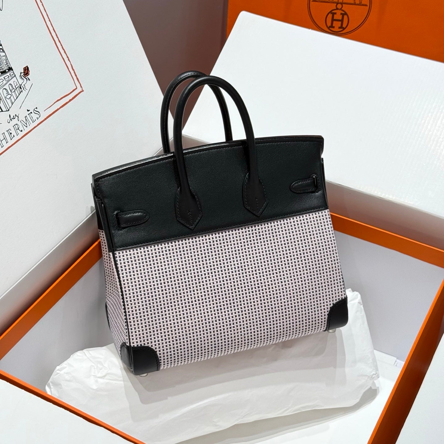 HM Birkin 25cm Black Swift Pink Canvas Silver Hardware