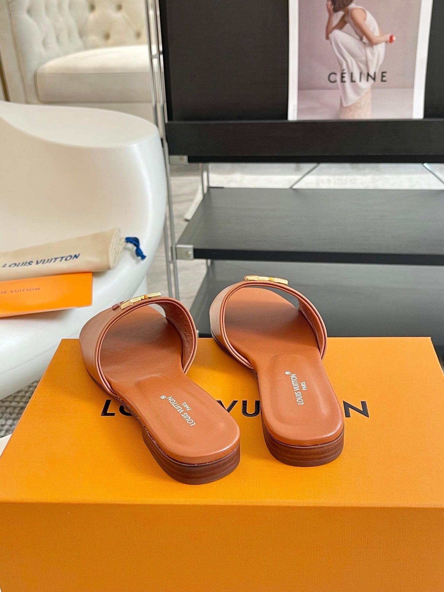 lv capri flat mule brown calfskin