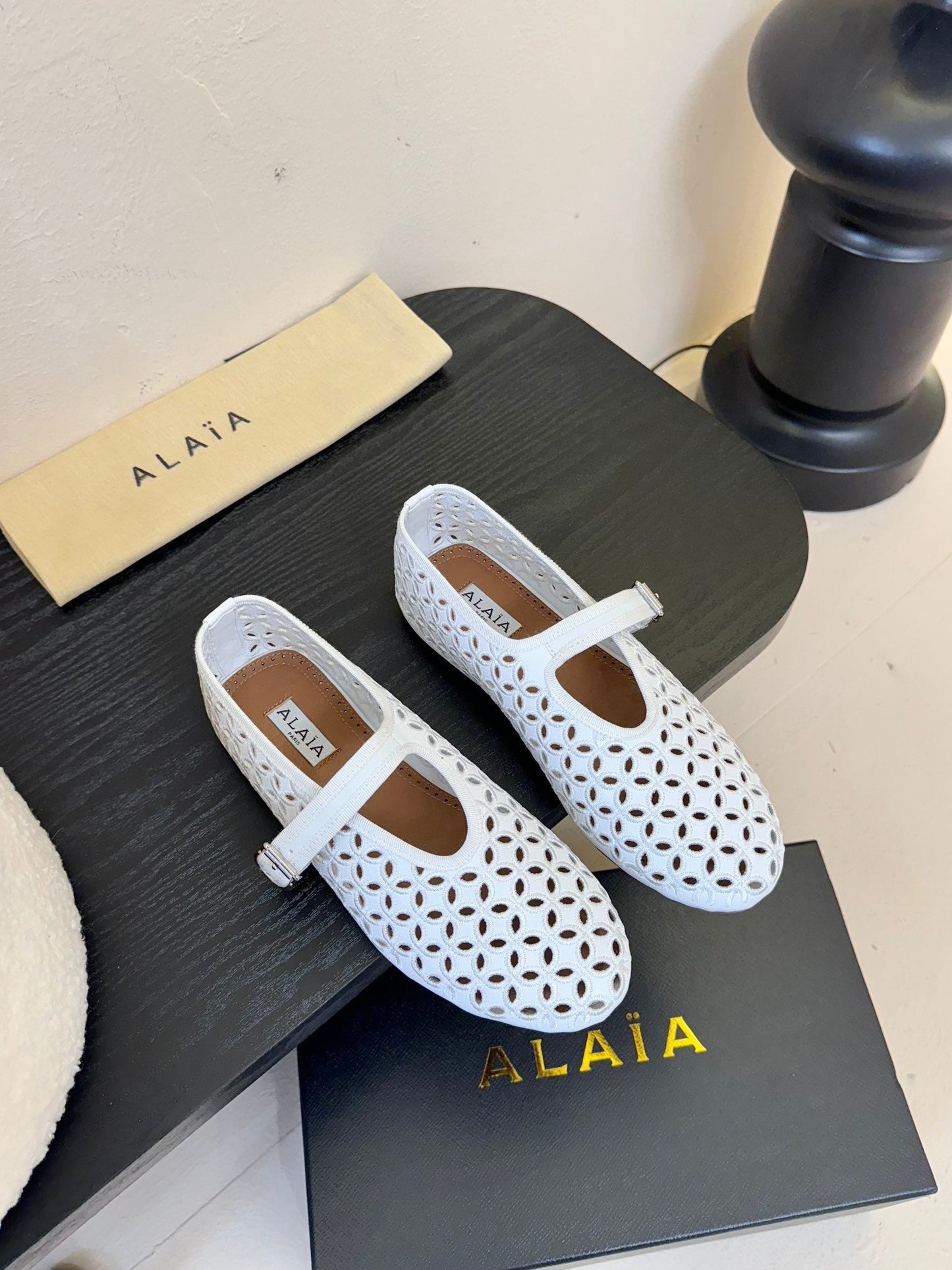 Alaia 25 Mary Jane Mesh Ballet Flats White Calfskin 297033