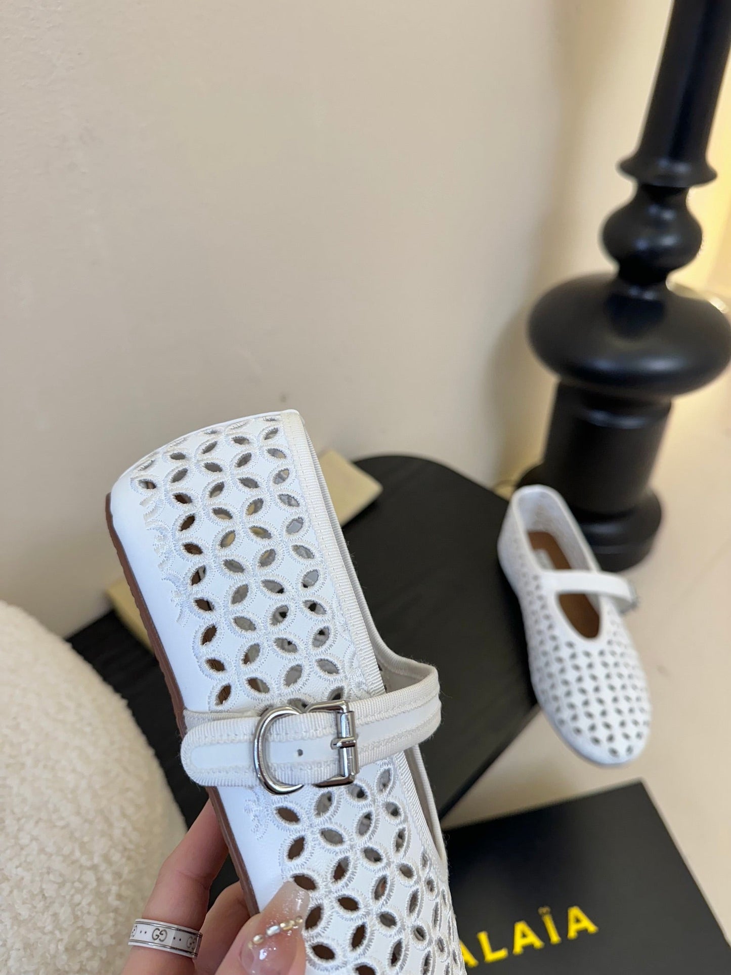 Alaia 25 Mary Jane Mesh Ballet Flats White Calfskin 297033