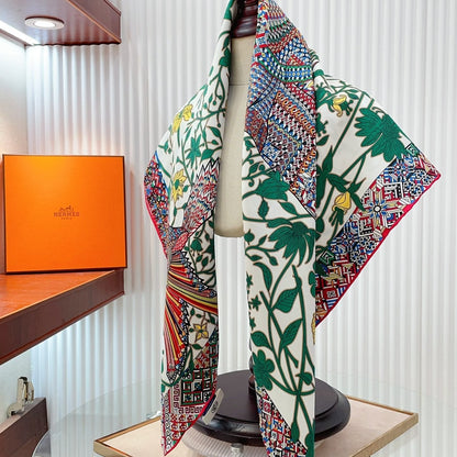 Le Jaguar Et Le Colibri Shawl 90 CM In Green Colorful Silk Twill 274208