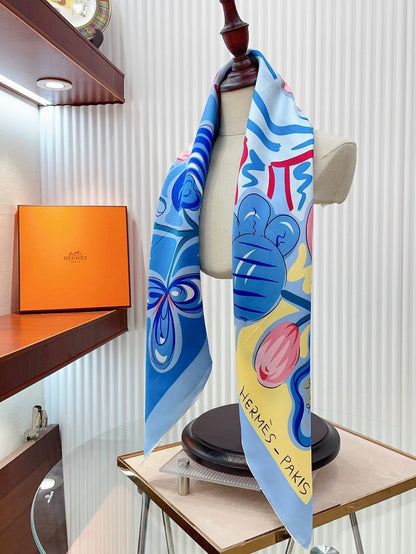 Le Cheval De Kazumi Scarf 90 CM Blue Colorful Silk Twill 347387