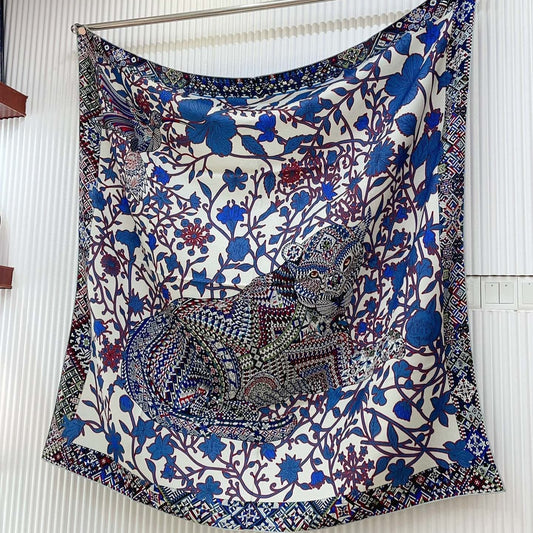 Le Jaguar Et Le Colibri Shawl 135 CM Blue Colorful Cashmere And Silk 357902