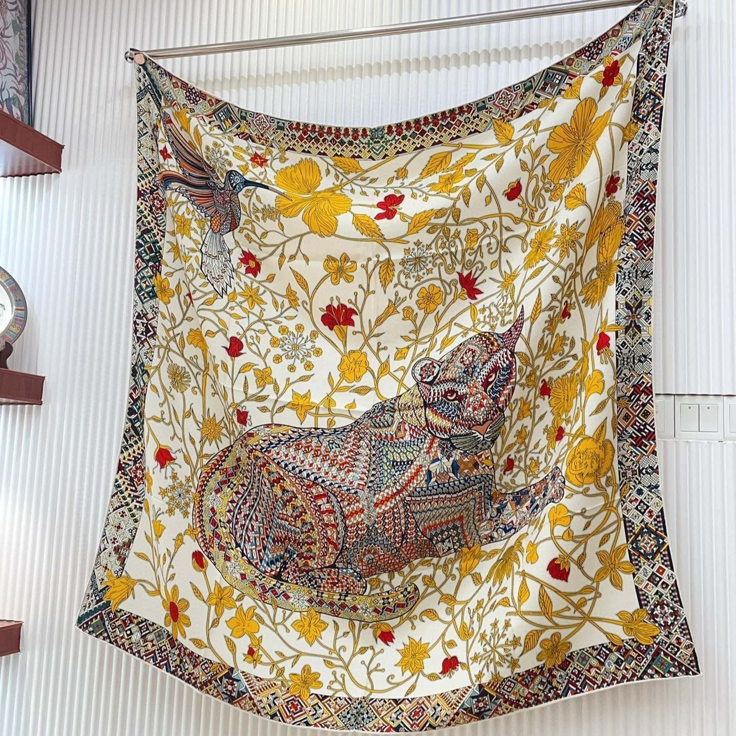 Le Jaguar Et Le Colibri Shawl 135 CM Yellow Colorful Cashmere And Silk 357903