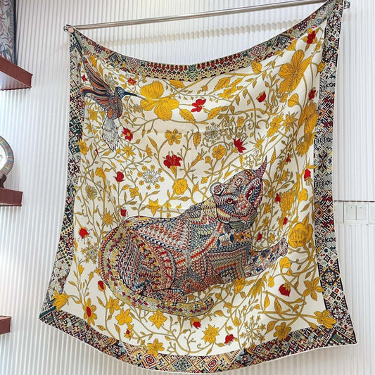 Le Jaguar Et Le Colibri Shawl 135 CM Yellow Colorful Cashmere And Silk 357903