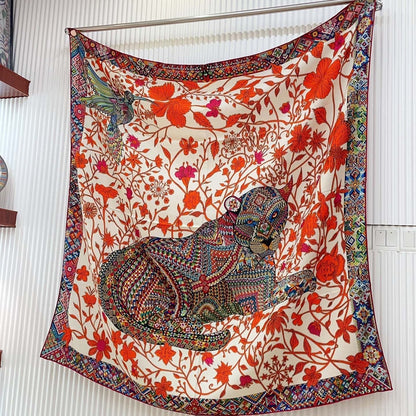Le Jaguar Et Le Colibri Shawl 135 CM Red Colorful Cashmere And Silk  357904