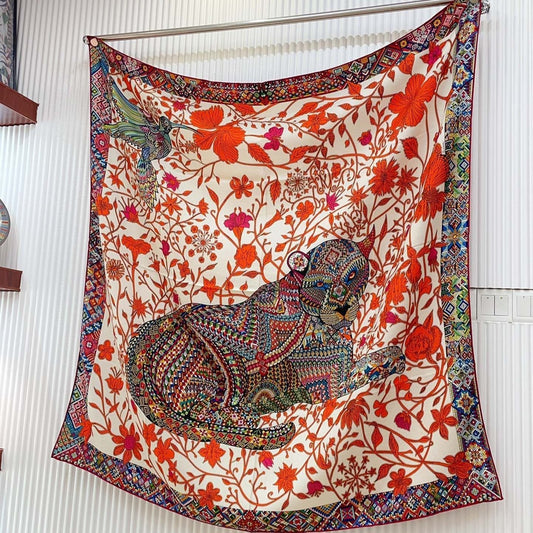 Le Jaguar Et Le Colibri Shawl 135 CM Red Colorful Cashmere And Silk  357904