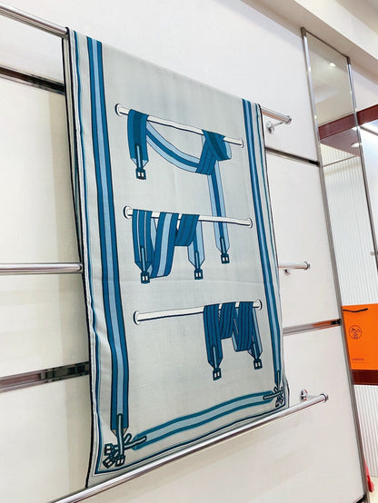 Les Sangles En Finesse Rectangle Scarf 180 CM In Light Blue Coloful Cashmere And Silk 373656