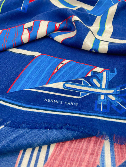 Les Sangles En Finesse Rectangle Scarf 180 CM In Dark Blue Colorful Cashmere And Silk  373657