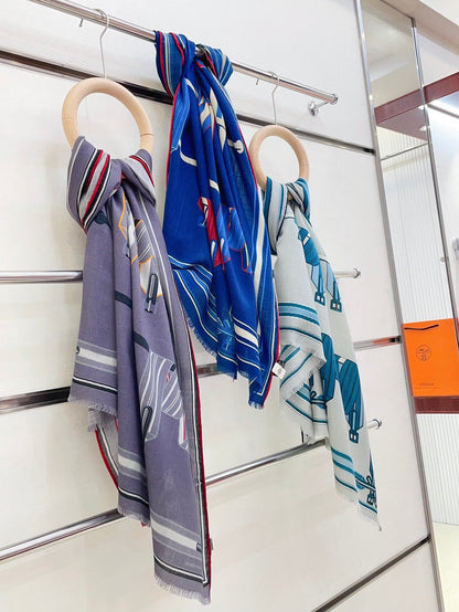 Les Sangles En Finesse Rectangle Scarf 180 CM In Dark Blue Colorful Cashmere And Silk  373657
