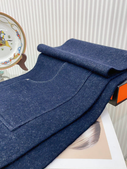 Cargo muffler Scarf 190 CM Navy Blue Wool 375381