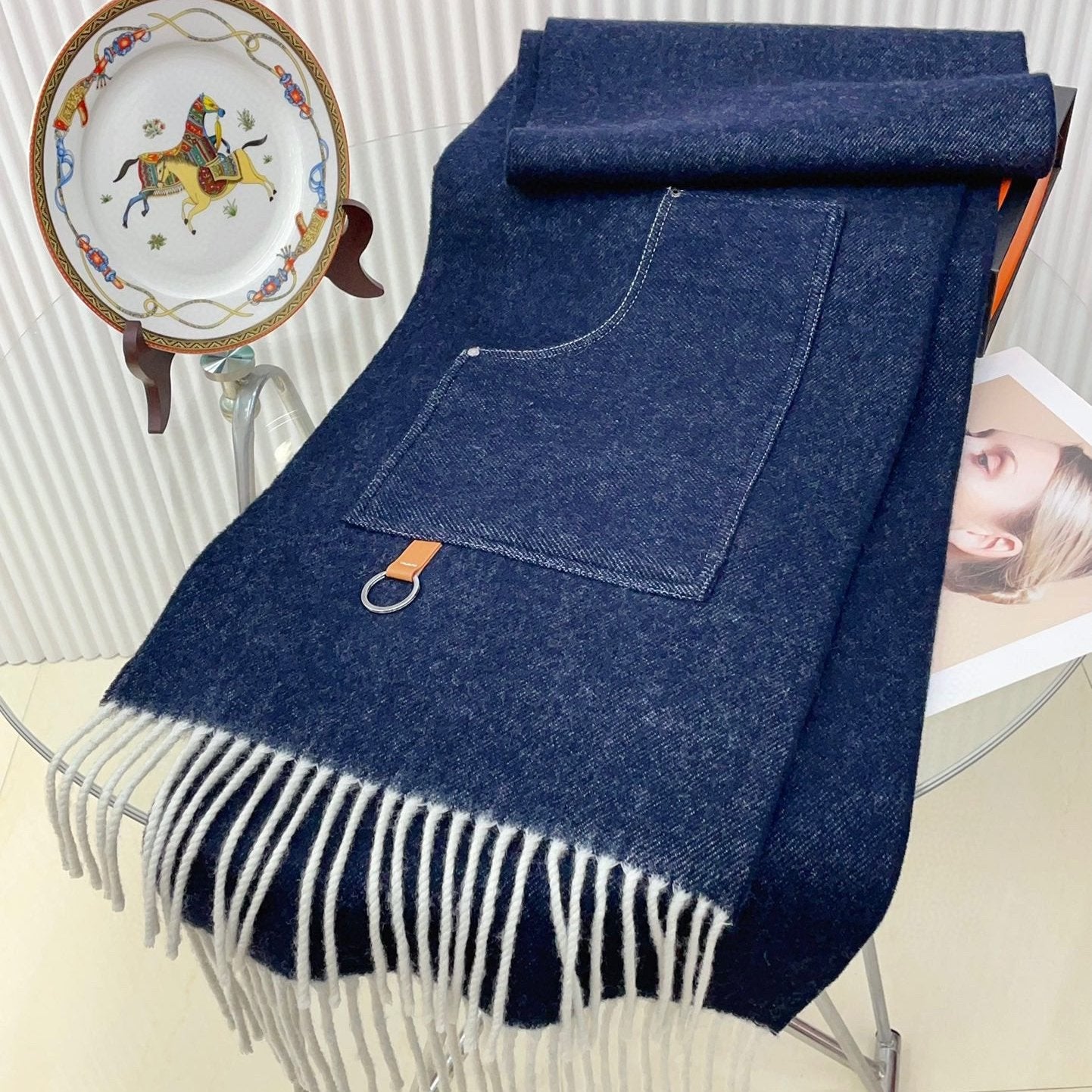 Cargo muffler Scarf 190 CM Navy Blue Wool 375381