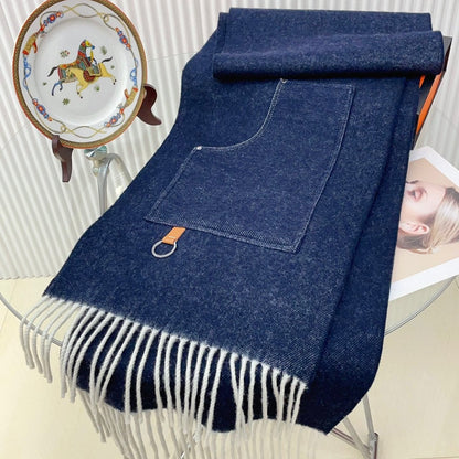 Cargo muffler Scarf 190 CM Navy Blue Wool 375381