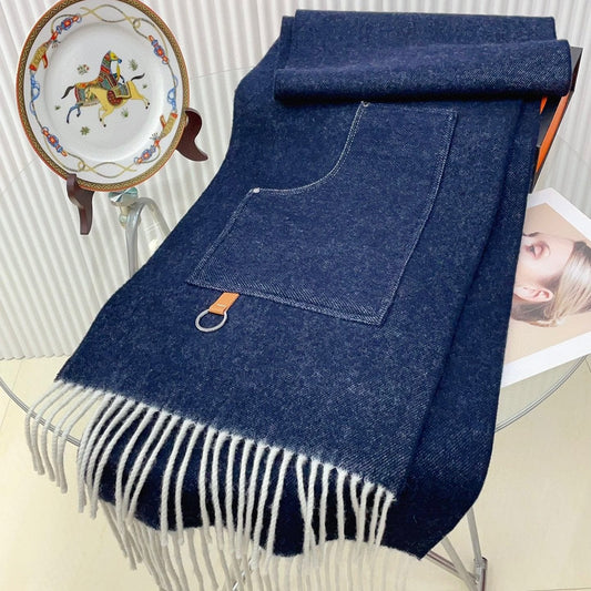Cargo muffler Scarf 190 CM Navy Blue Wool 375381