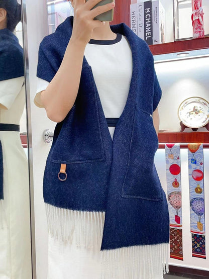 Cargo muffler Scarf 190 CM Navy Blue Wool 375381