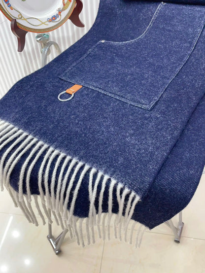 Cargo muffler Scarf 190 CM Navy Blue Wool 375381
