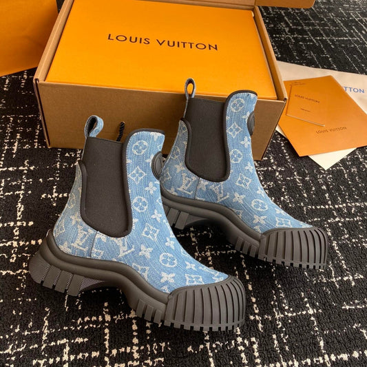 LV Ruby Flat Ankle Boots Light Blue Monogram Jacquard Fabric