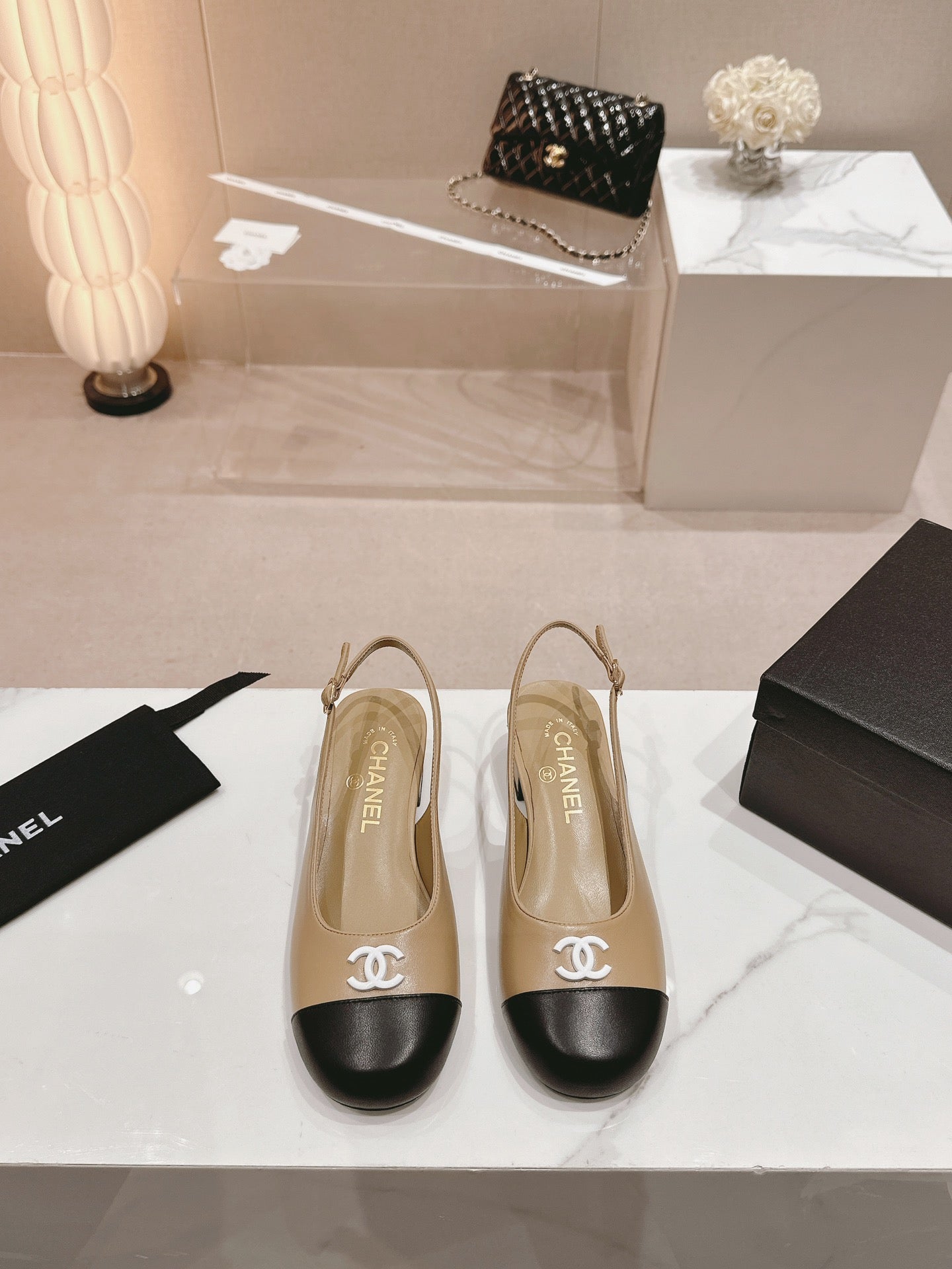 CC 2024 SLINGBACKS 40MM BEIGE BLACK LAMBSKIN
