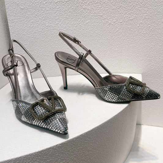 VT High Heeled Slingbacks Gray Sheepskin 292815