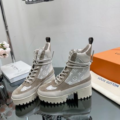 LV Laureate Desert Boot 70mm Gray Brown monogram Fabric Mix Suede