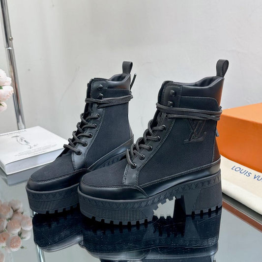 LV Laureate Platform Desert Boot 70mm Black Fabric Mix Cowhide