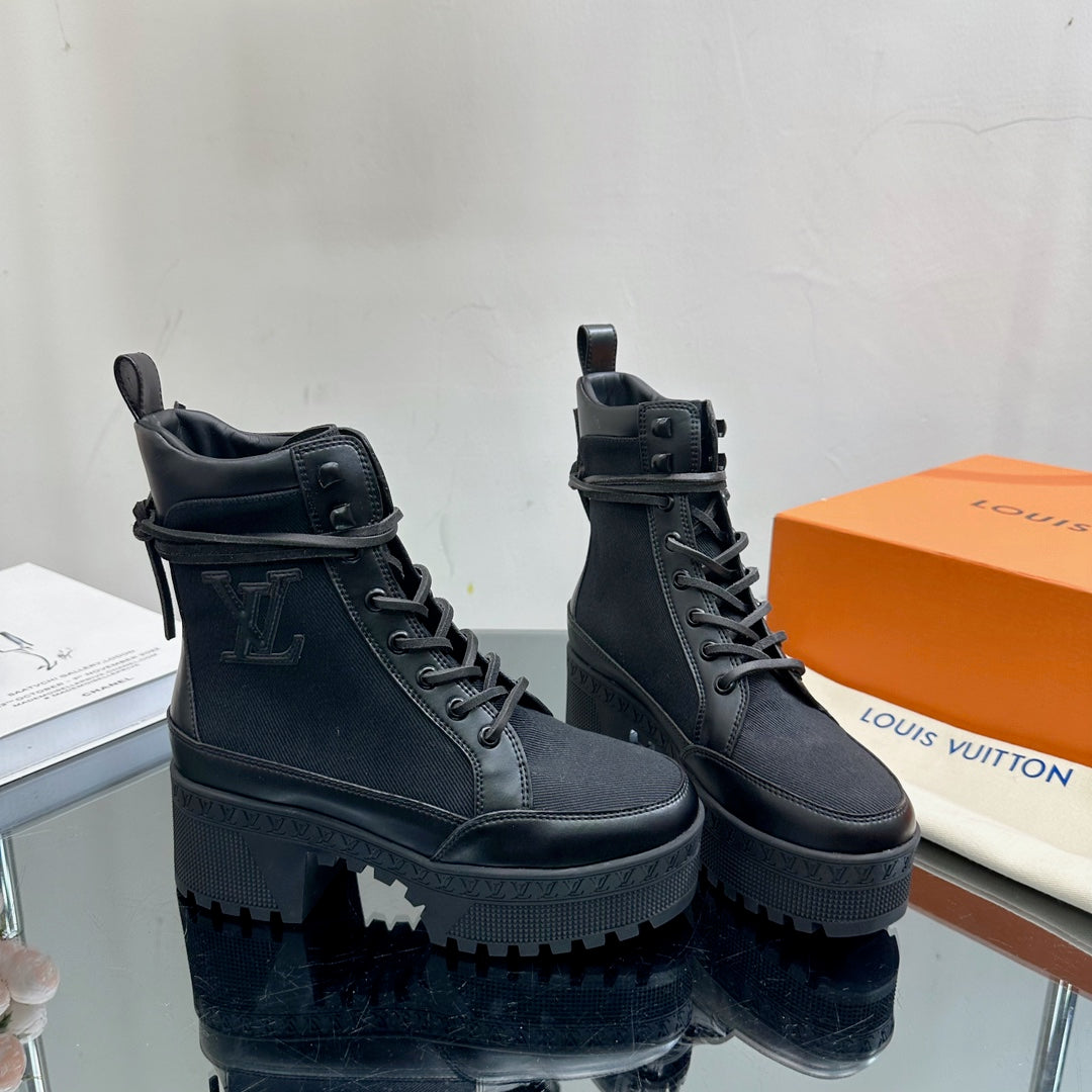 LV Laureate Platform Desert Boot 70mm Black Fabric Mix Cowhide