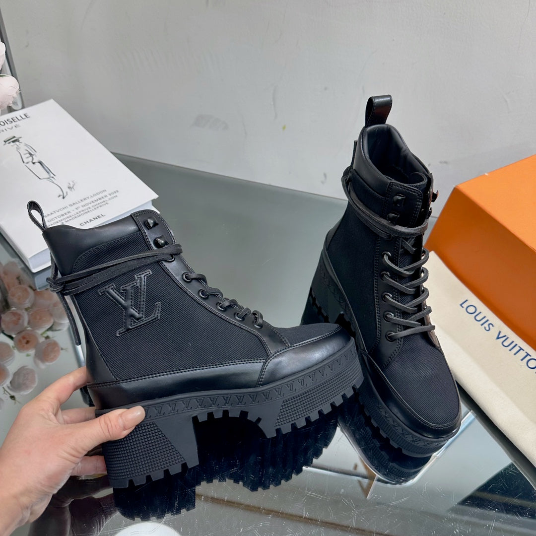 LV Laureate Platform Desert Boot 70mm Black Fabric Mix Cowhide