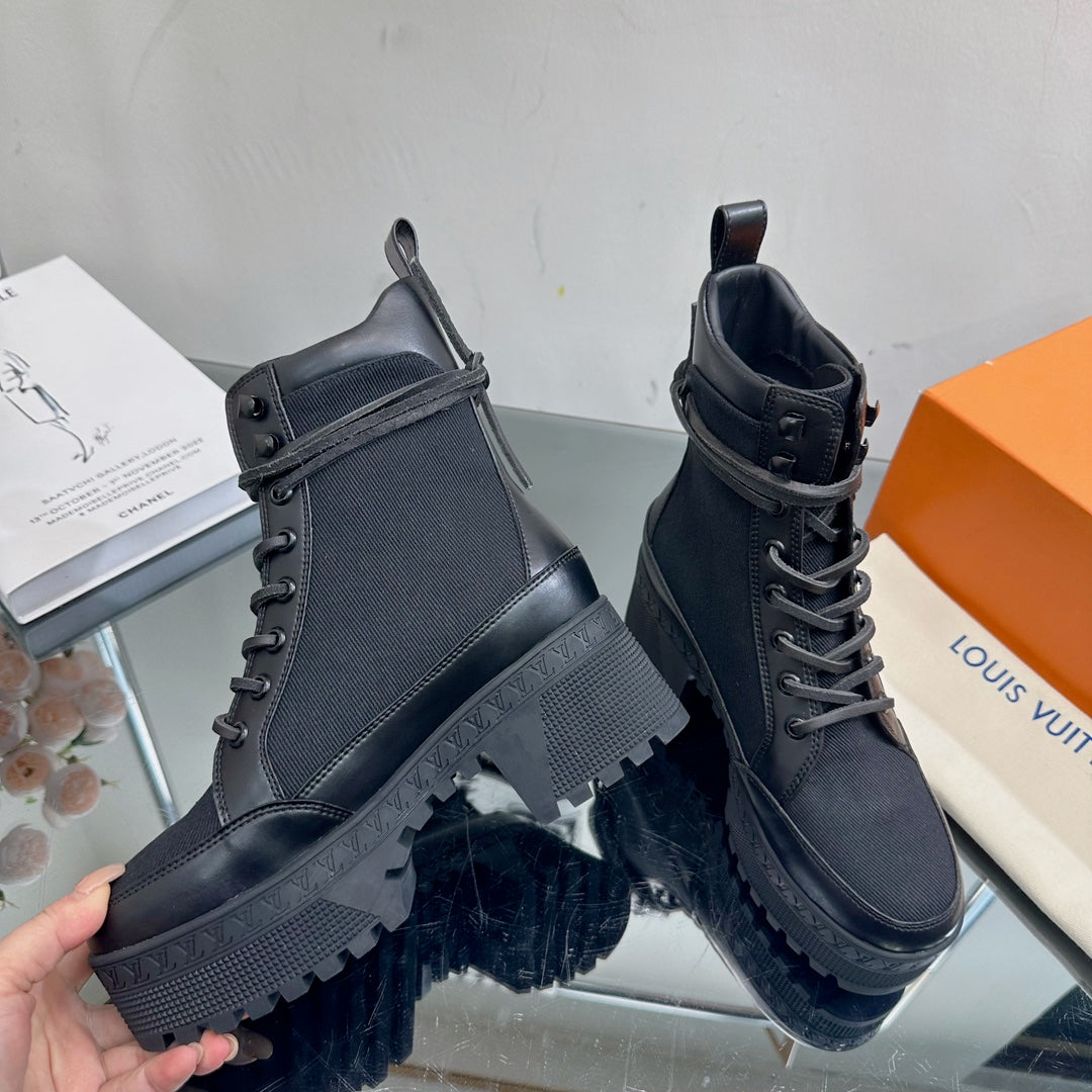 LV Laureate Platform Desert Boot 70mm Black Fabric Mix Cowhide