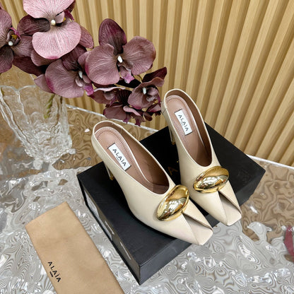 ALAIA AZZEDINE HIGH HEELS IN  BEIGE CREAM CALFSKIN WITH GOLD HARDWARE