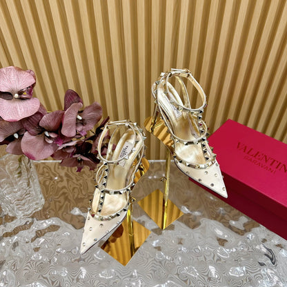 ROCKSTUD MIRROR-EFFECT PUMP WITH MATCHING STRAPS AND STUDS 95 MM GOLD CALFSKIN  AND MESH