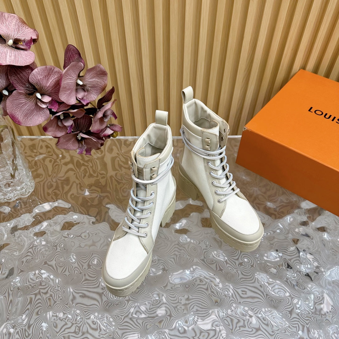 LV Laureate Platform Desert Boot 70mm White Denim Fabric