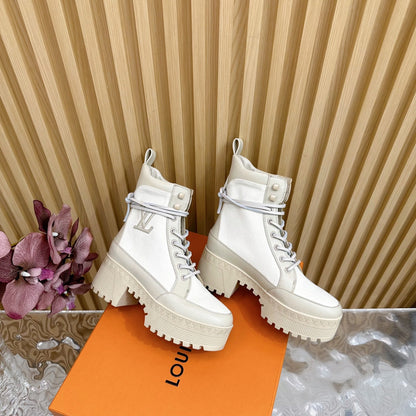 LV Laureate Platform Desert Boot 70mm White Denim Fabric