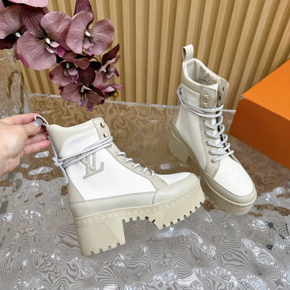 LV Laureate Platform Desert Boot 70mm White Denim Fabric