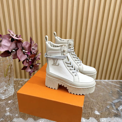 LV Laureate Platform Desert Boot 70mm White Denim Fabric