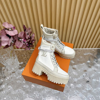 LV Laureate Platform Desert Boot 70mm White Denim Fabric