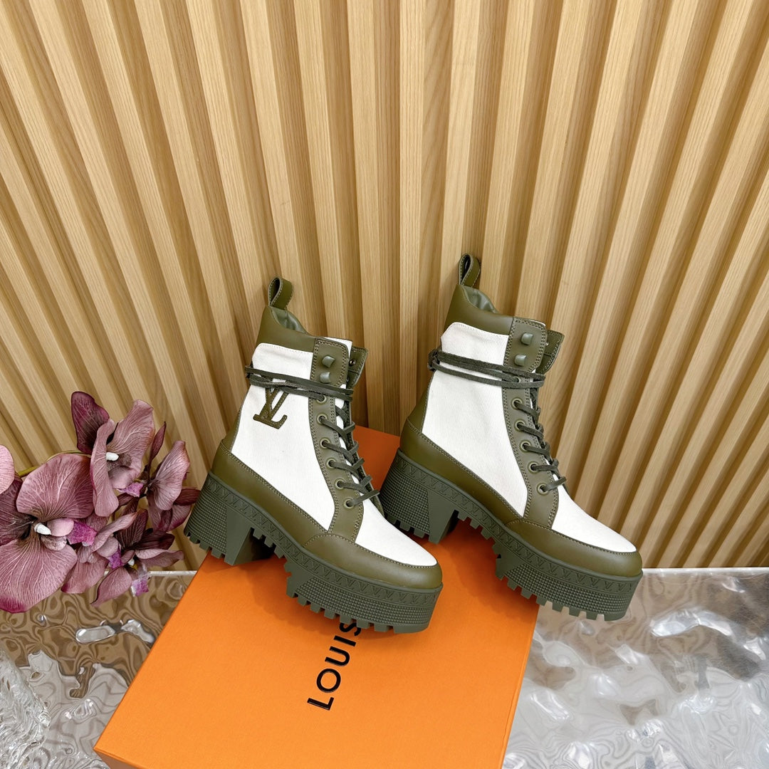 LV Laureate Platform Desert Boot 70mm White Mix Khaki Green Denim Fabric